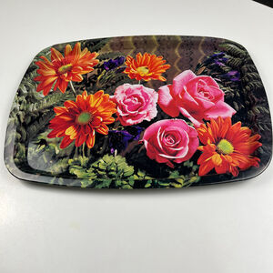 VTG 70s serving TV tin tray flower design 15 x 11 inches
